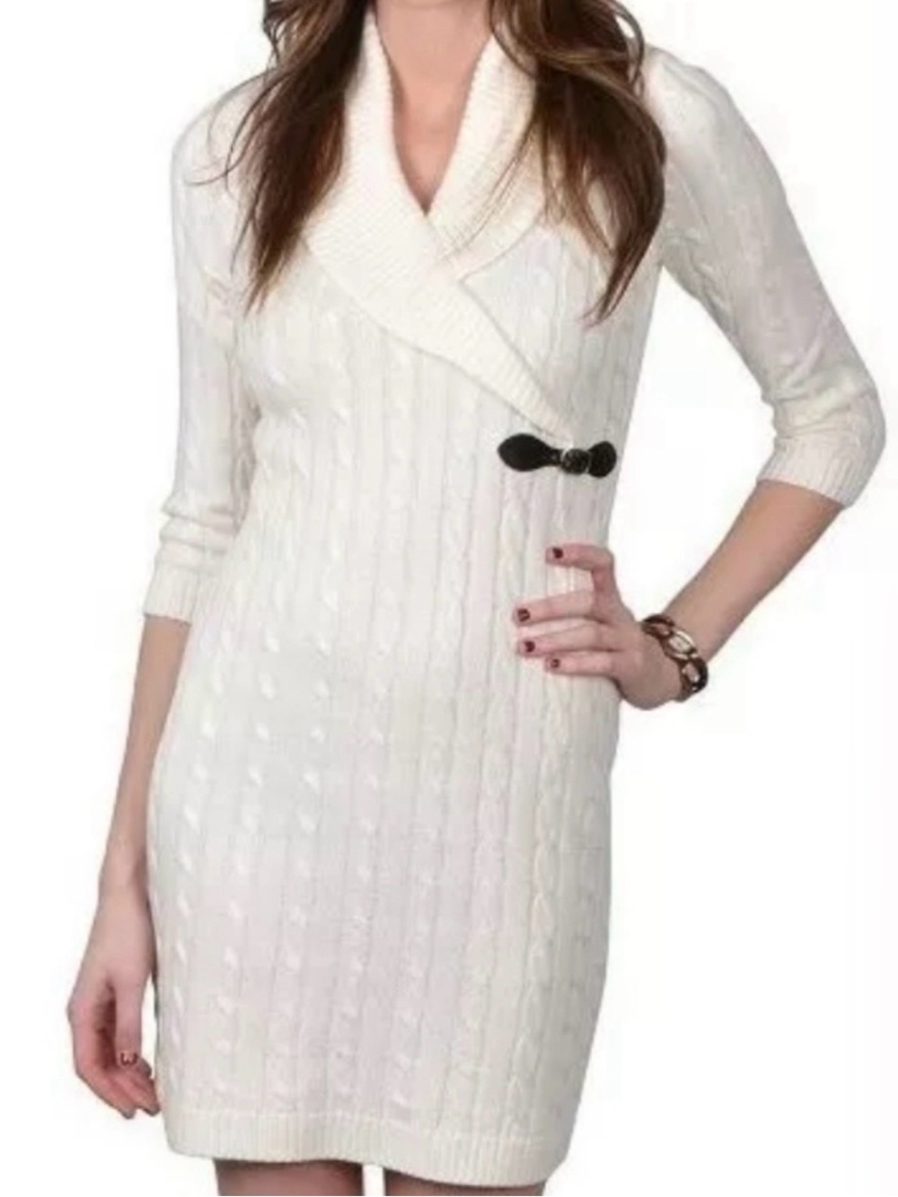 CALVIN KLEIN V-neck Faux Wrap Knit Sweater Dress Ivory with Black Buckle Size M